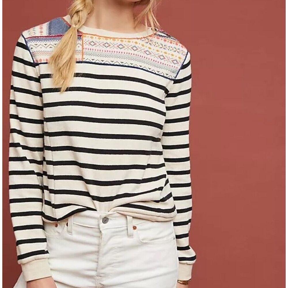 Maeve Finn Striped Pullover Sweatshirt Size XS Natural Black Anthropologie‎